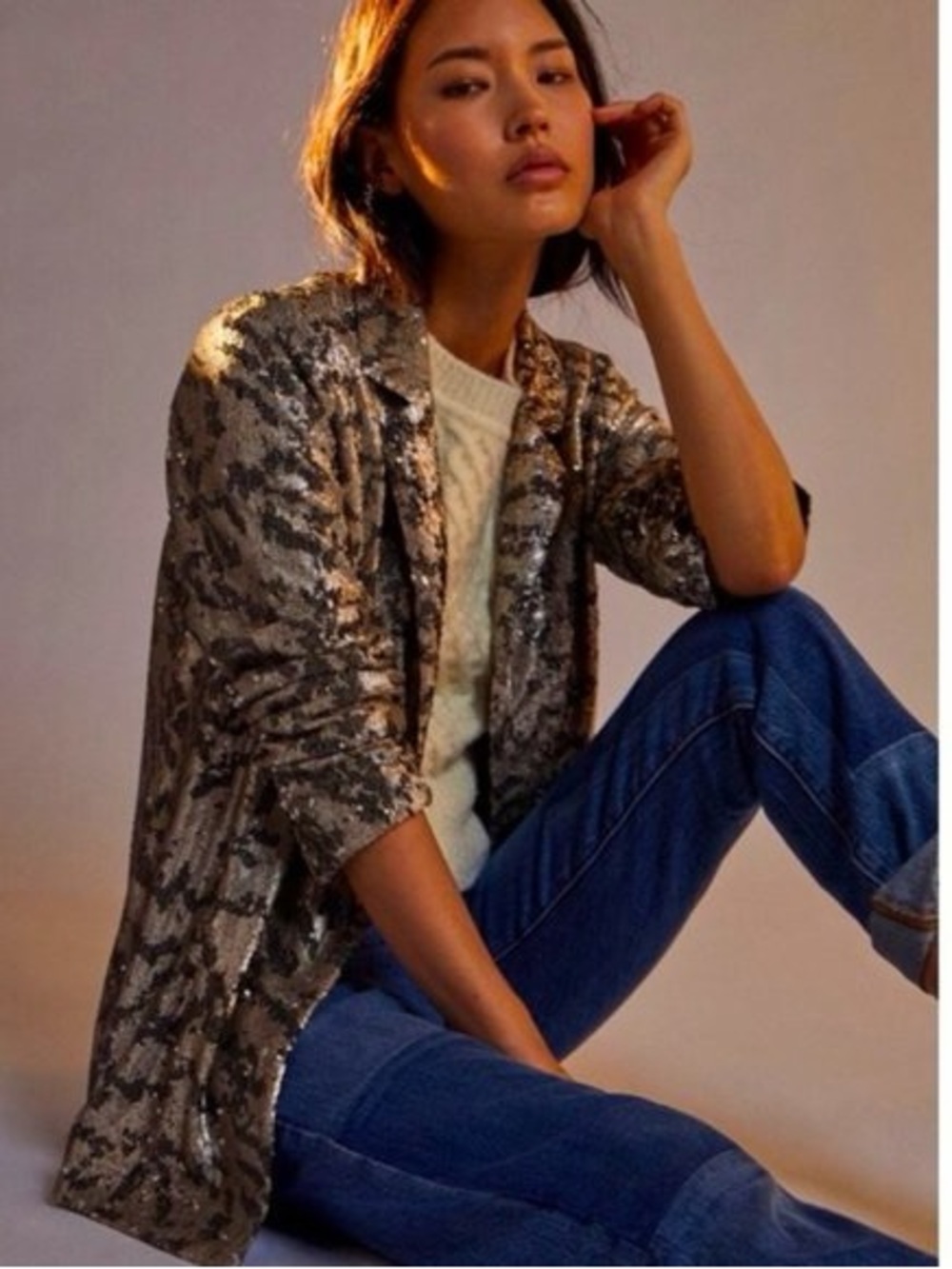 Anthropologie Maeve Sequined Blazer Jacket - Silver